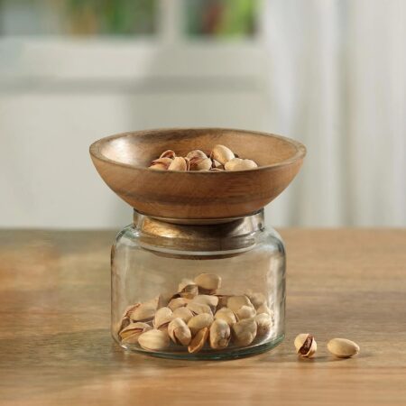 Ellementry Twain Glass Jar with Wooden Bowl | 200ml | Transparent | BPA-Free | Spice Storage