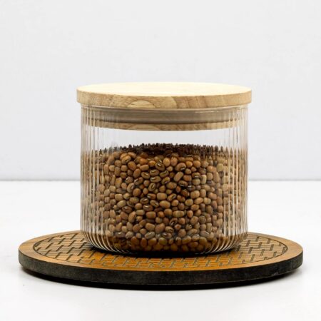 Anko 300ml Borosilicate Ribbed Glass Jar | Airtight | Rubberwood Lid | Set of 1