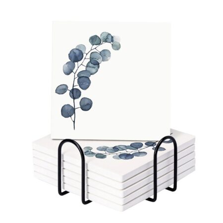 UMAI Diatomite Coasters Set of 6 with Holder 10cm White Dining Table Absorbent Heat Resistant