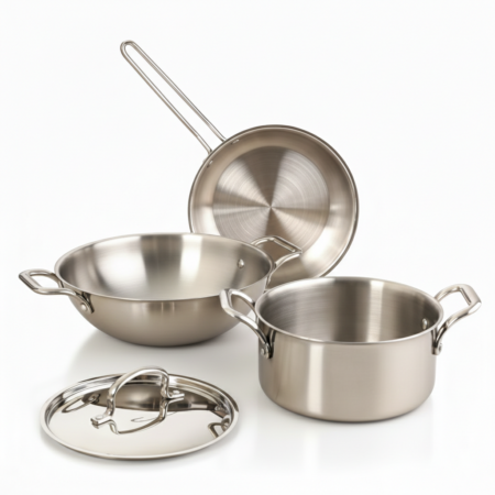 Esspy Tri-Ply Stainless Steel Cookware Set | Kadai + Fry Pan + Casserole + Lid |  Non-Stick Cooking Surface | Induction Compatible | Scratch-Resistant | Stir-Fry Pan | Reverted Sturdy Handle | Toxin-Free